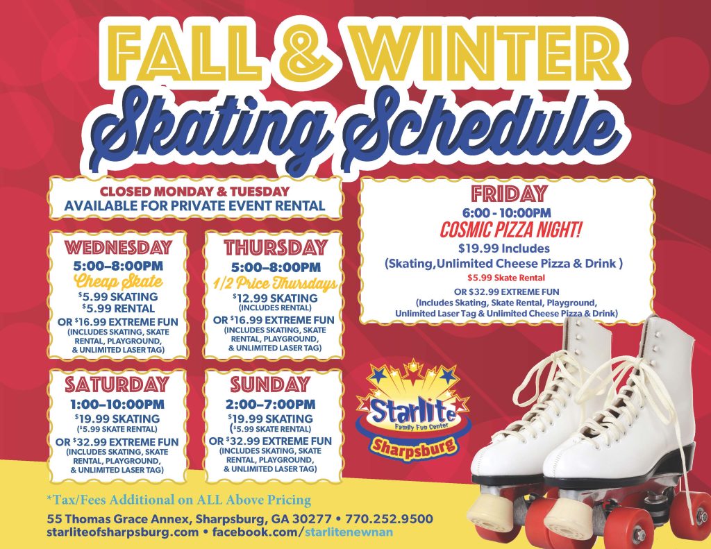 2024/2025 Skating schedule for Newnan, Sharpsburg, Peachtree City Starlite family fun center